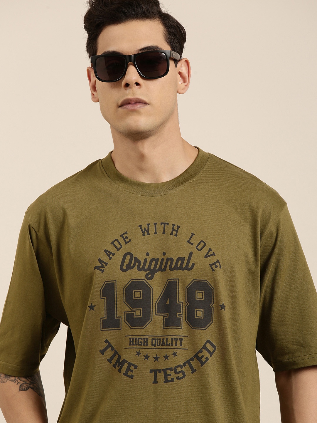 

DILLINGER Men Olive Green Typography Printed Pure Cotton Oversized T-shirt