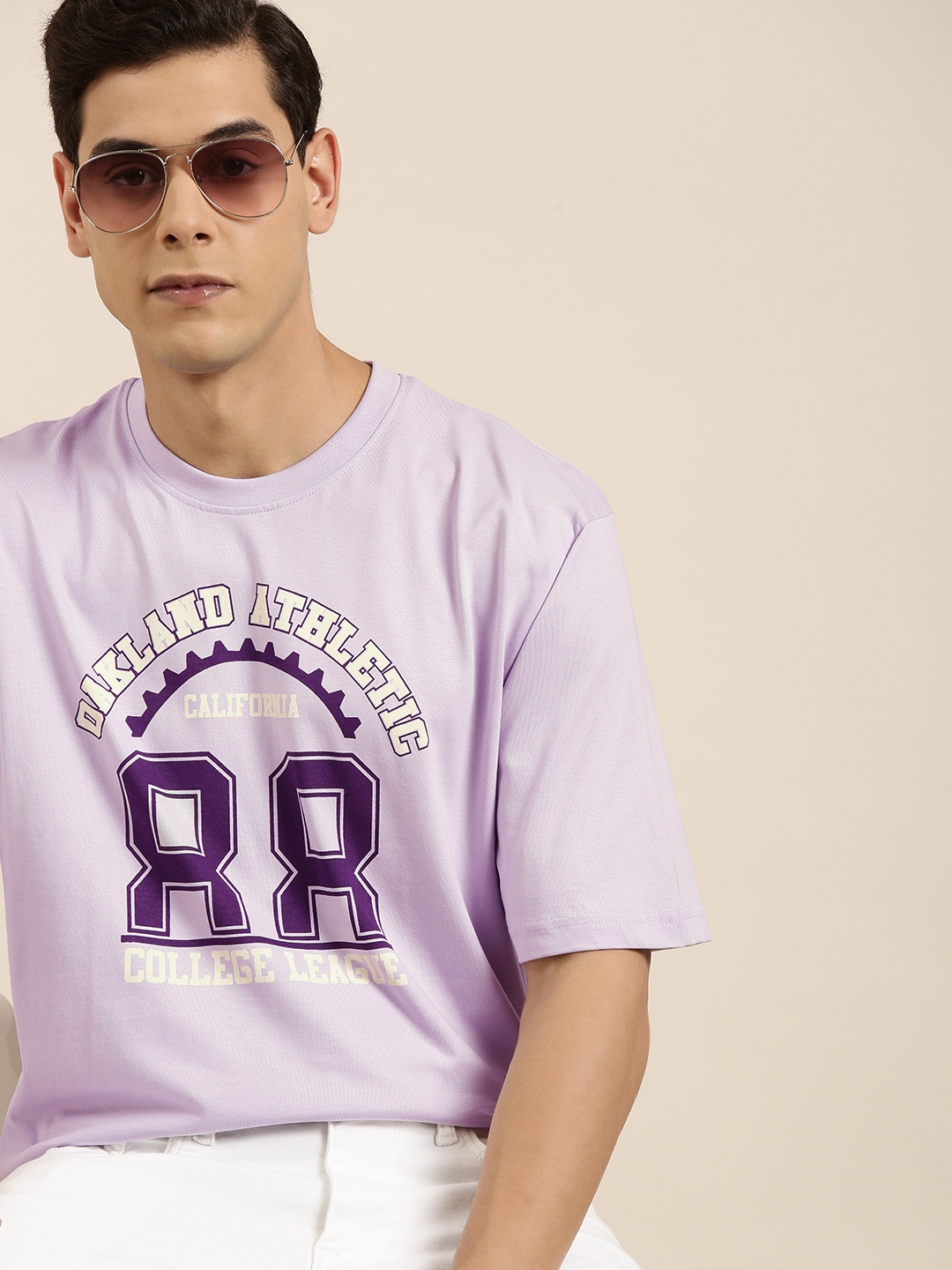 

DILLINGER Men Lavender Typography Printed Pure Cotton Oversized T-shirt