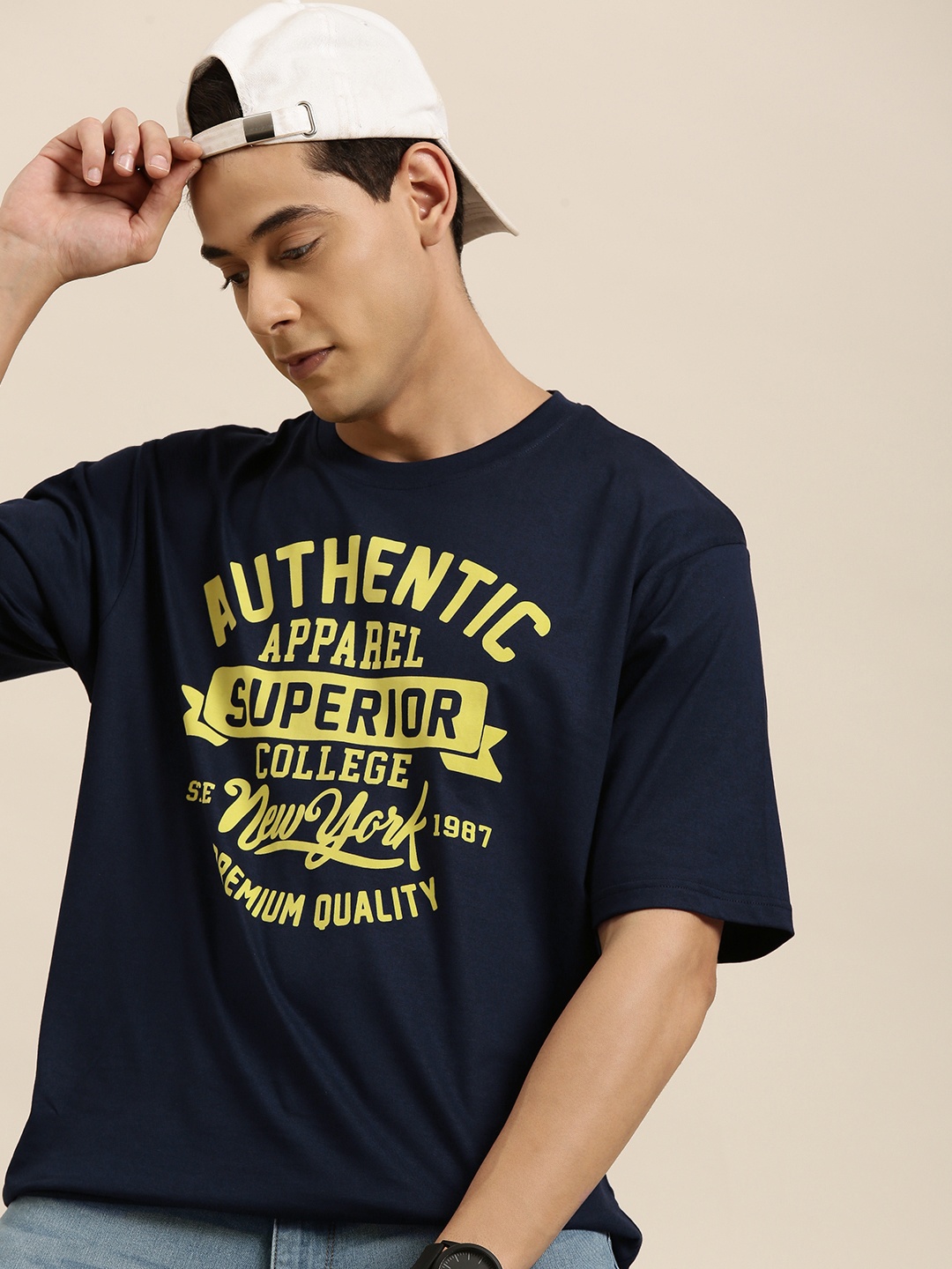 

DILLINGER Men Navy Blue Typography Printed Pure Cotton Oversized T-shirt