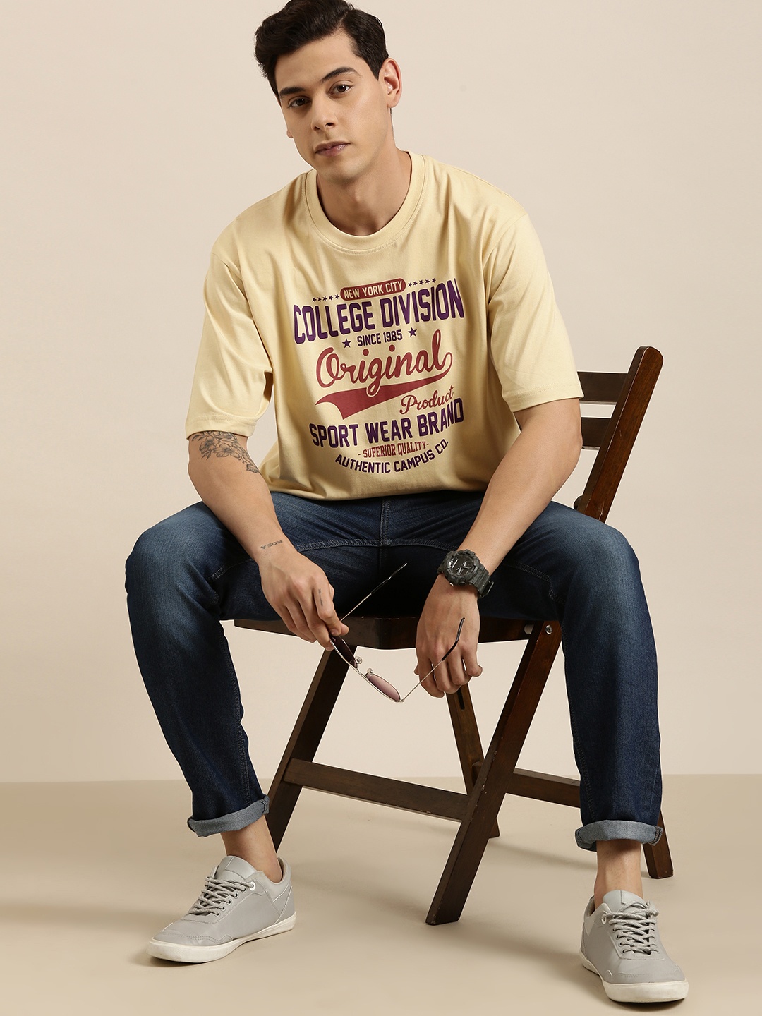 

DILLINGER Men Beige Typography Printed Pure Cotton Oversized T-shirt