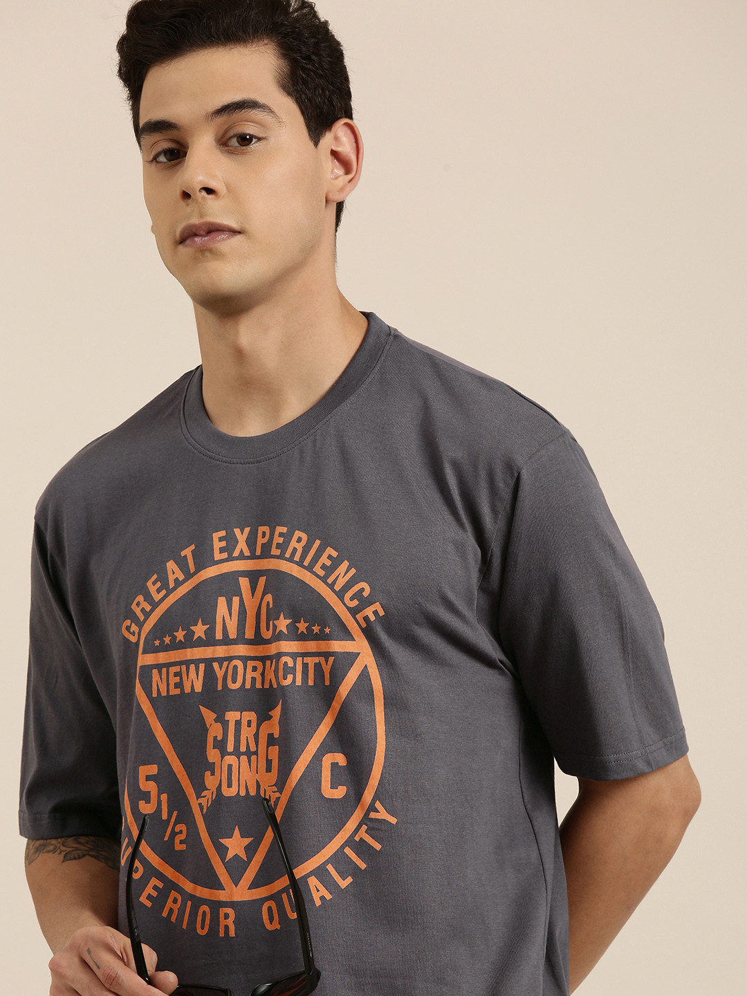 

DILLINGER Men Grey Printed Pure Cotton Oversized T-shirt