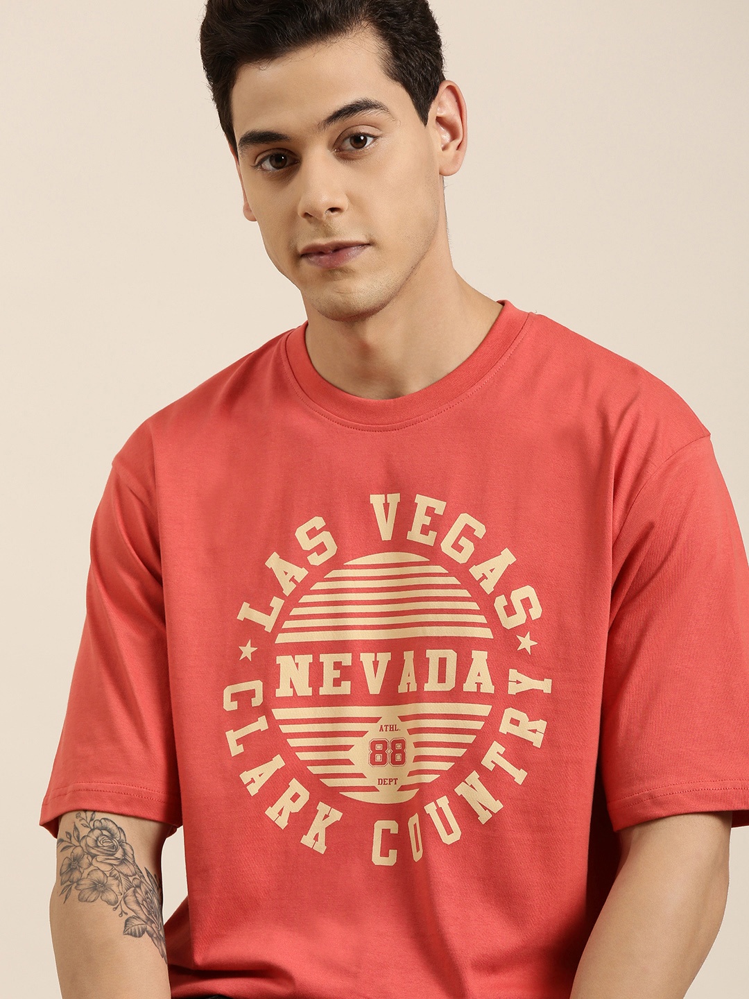 

DILLINGER Men Red Typography Printed Pure Cotton Oversized T-shirt