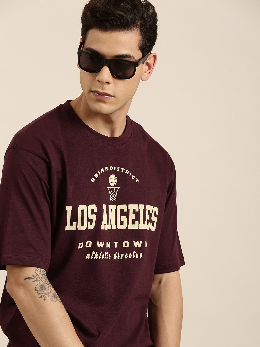 

DILLINGER Men Maroon Typography Printed Pure Cotton Oversized T-shirt