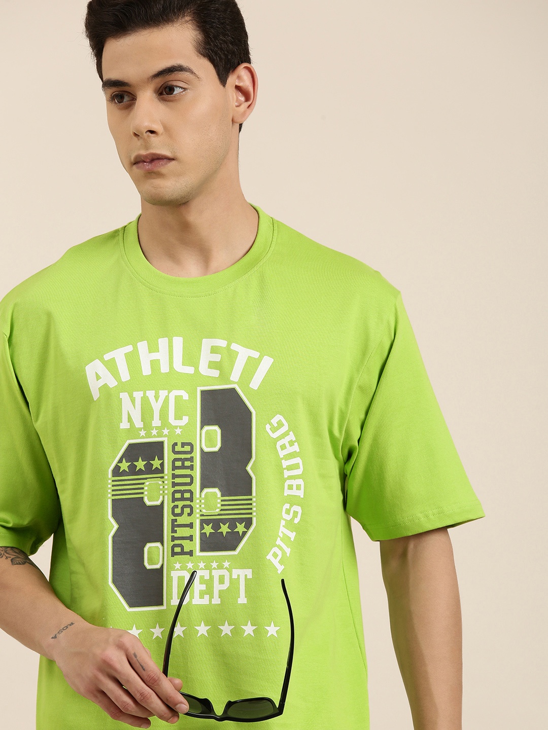 

DILLINGER Men Green Typography Printed Pure Cotton Oversized T-shirt