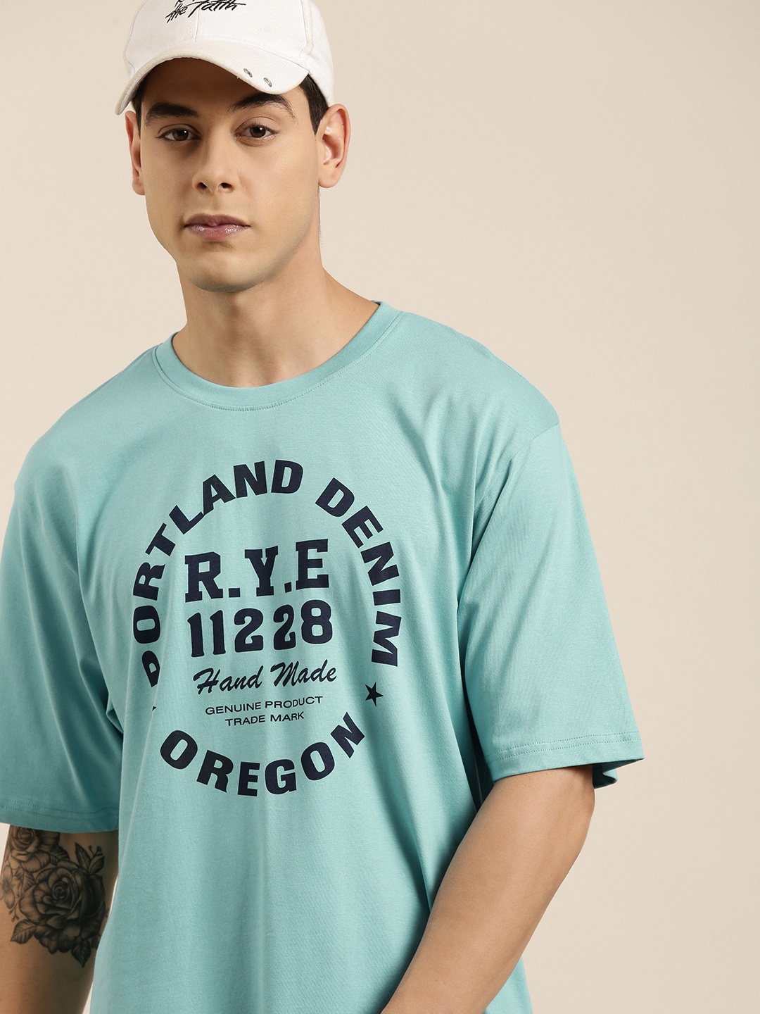 

DILLINGER Men Turquoise Blue Typography Printed Pure Cotton Oversized T-shirt