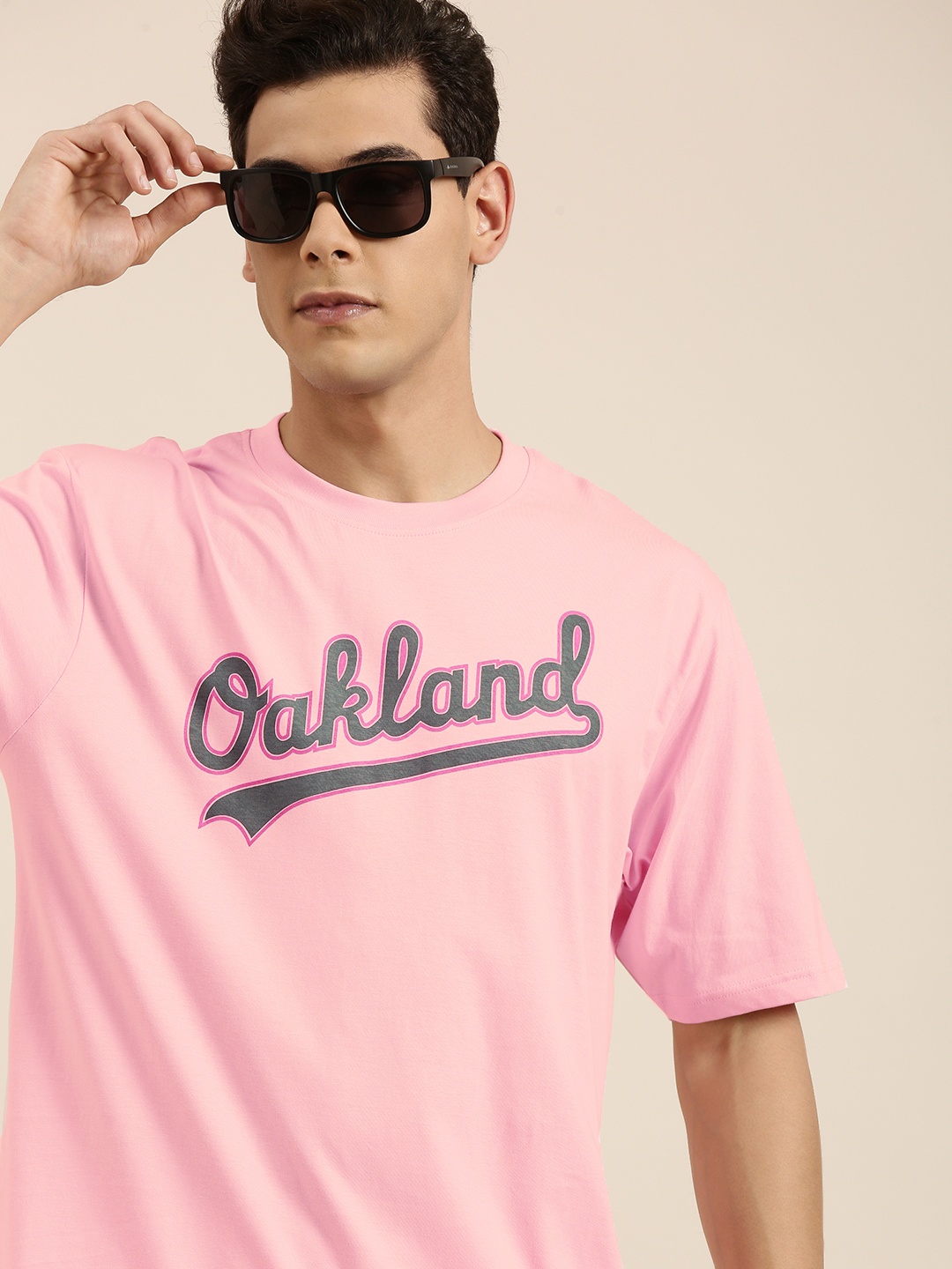 DILLINGER Men Pink Typography Printed Pure Cotton Oversized T-shirt