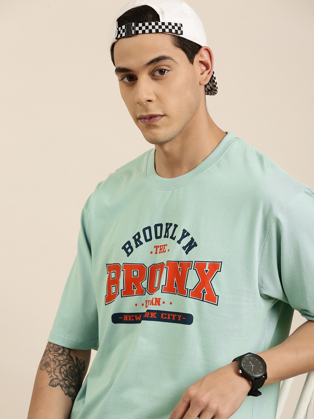 

DILLINGER Men Sea Green Typography Printed Pure Cotton Oversized T-shirt