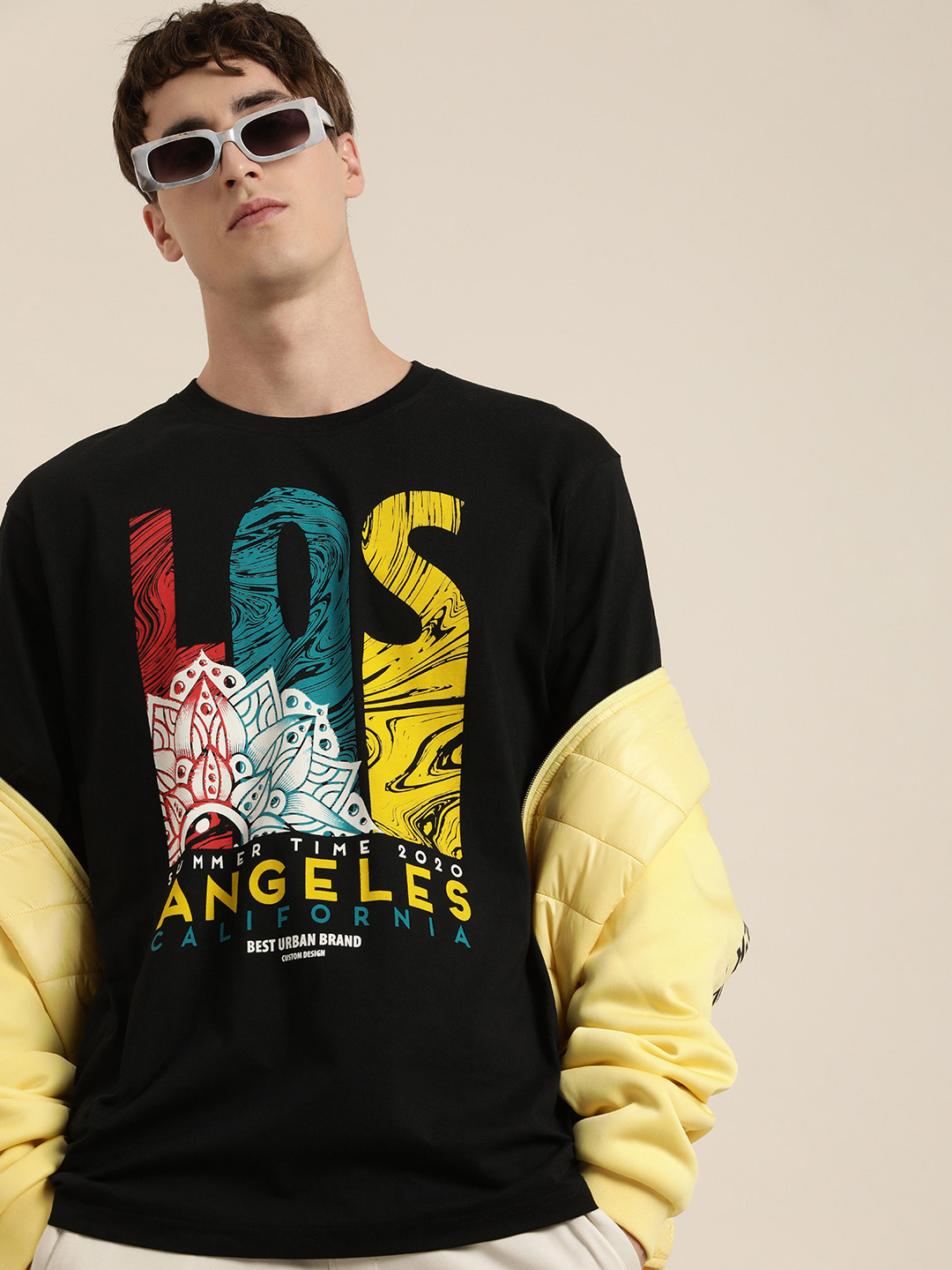 

DILLINGER Men Black & Yellow Printed Pure Cotton Oversized T-shirt