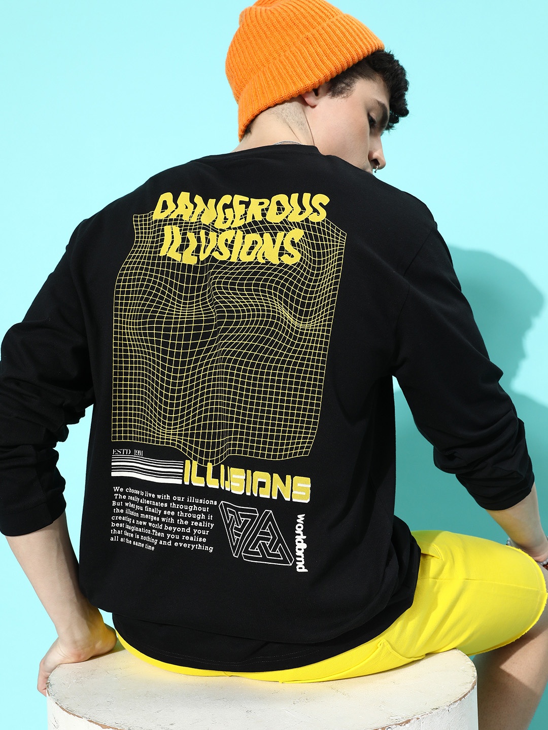 

DILLINGER Men Black & Yellow Printed Pure Cotton Oversized T-shirt