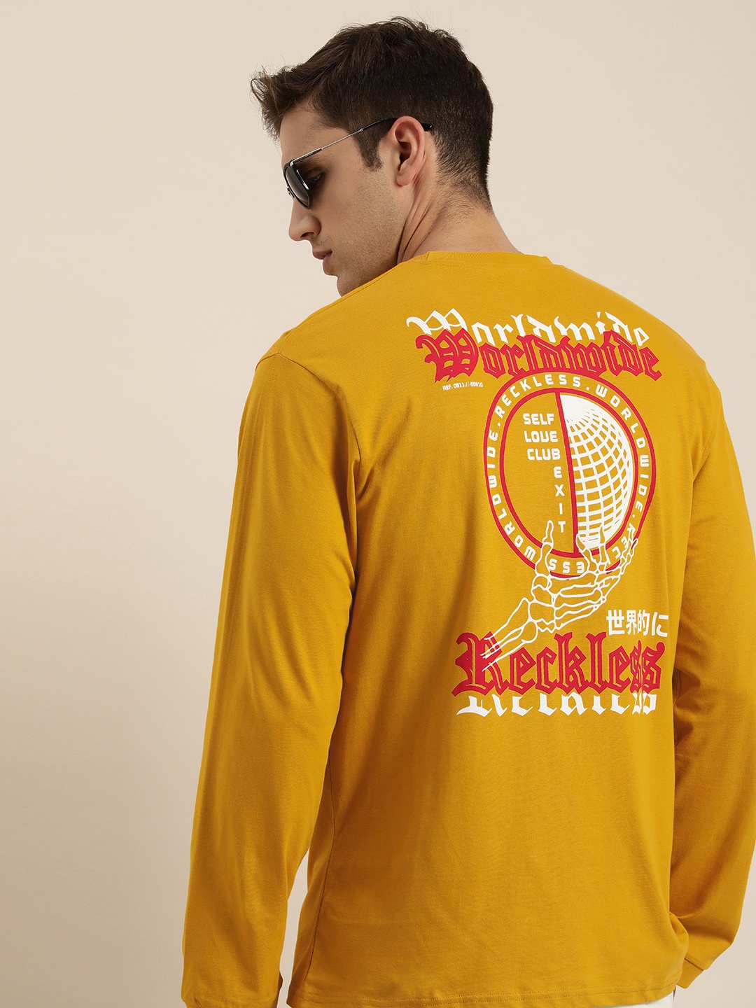 

DILLINGER Men Mustard Yellow Printed Pure Cotton Oversized T-shirt