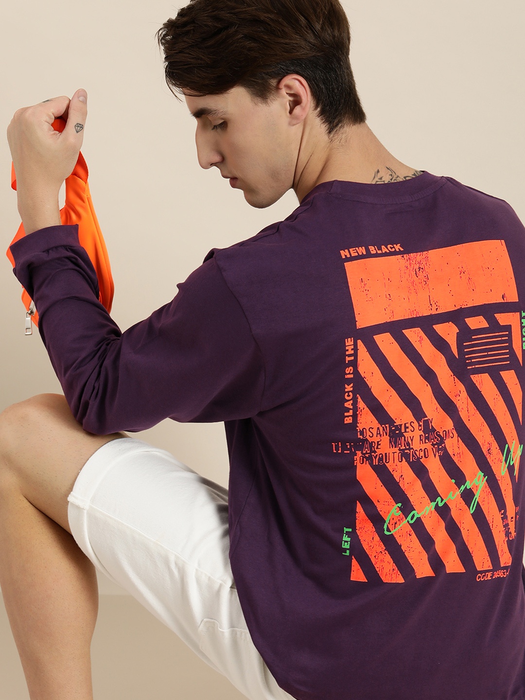 

DILLINGER Men Purple & Orange Printed Cotton Oversized T-shirt