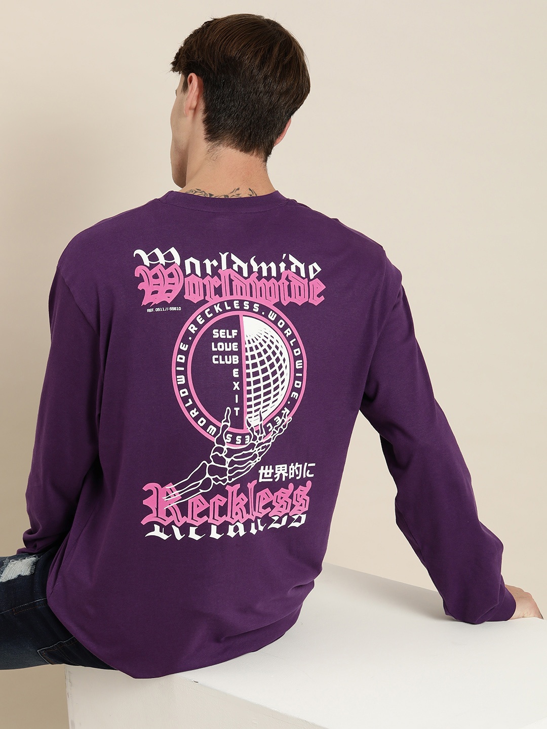 

DILLINGER Men Purple Printed Cotton Oversized T-shirt