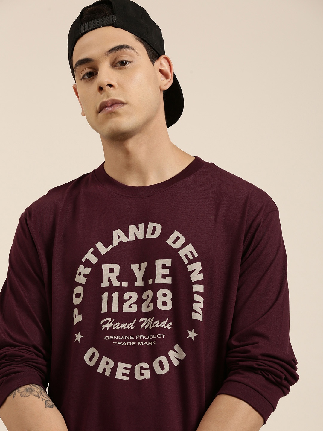 

DILLINGER Men Maroon Typography Printed Pure Cotton Oversized T-shirt