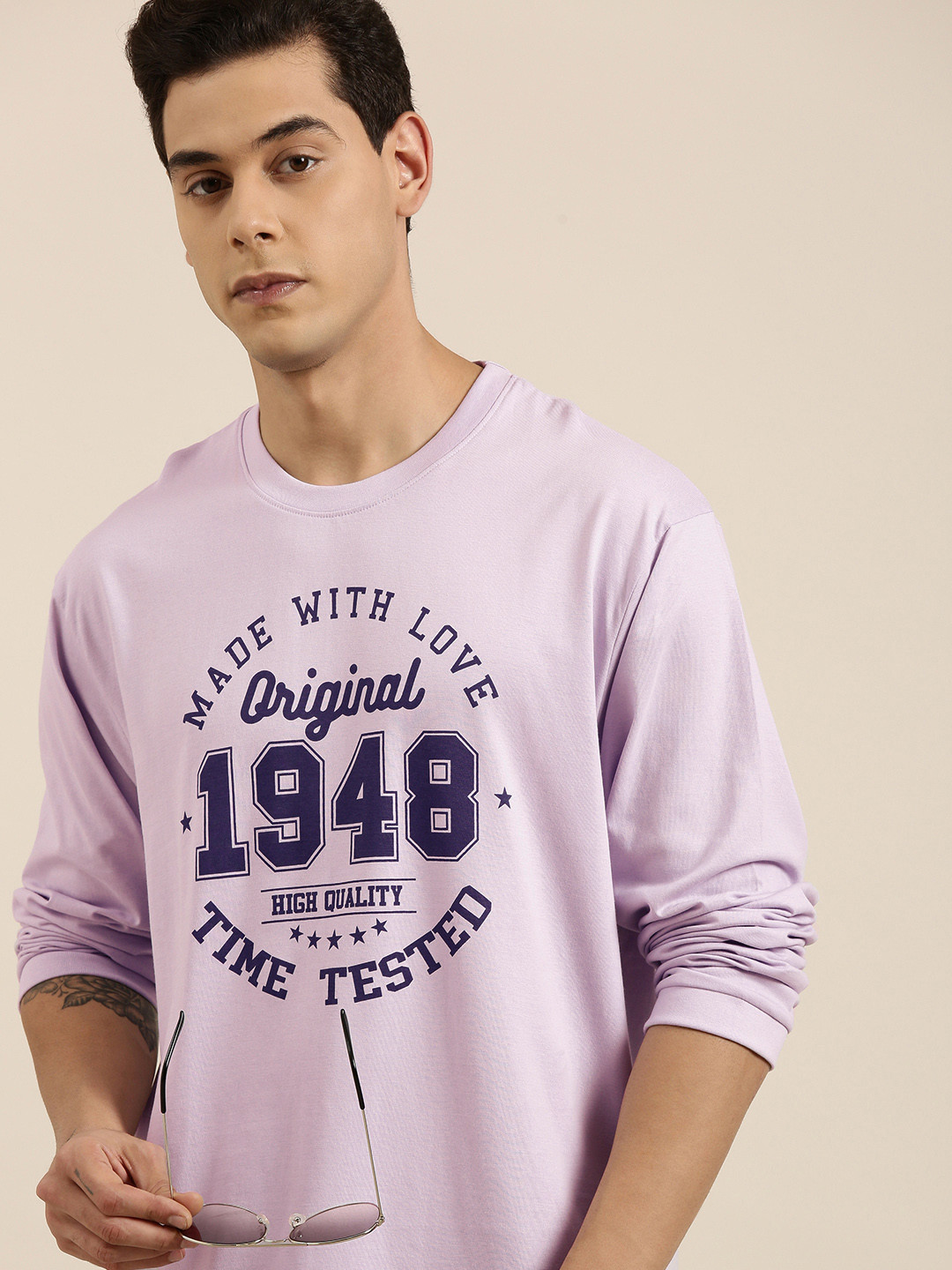 

DILLINGER Men Lavender Typography Printed Pure Cotton Oversized T-shirt