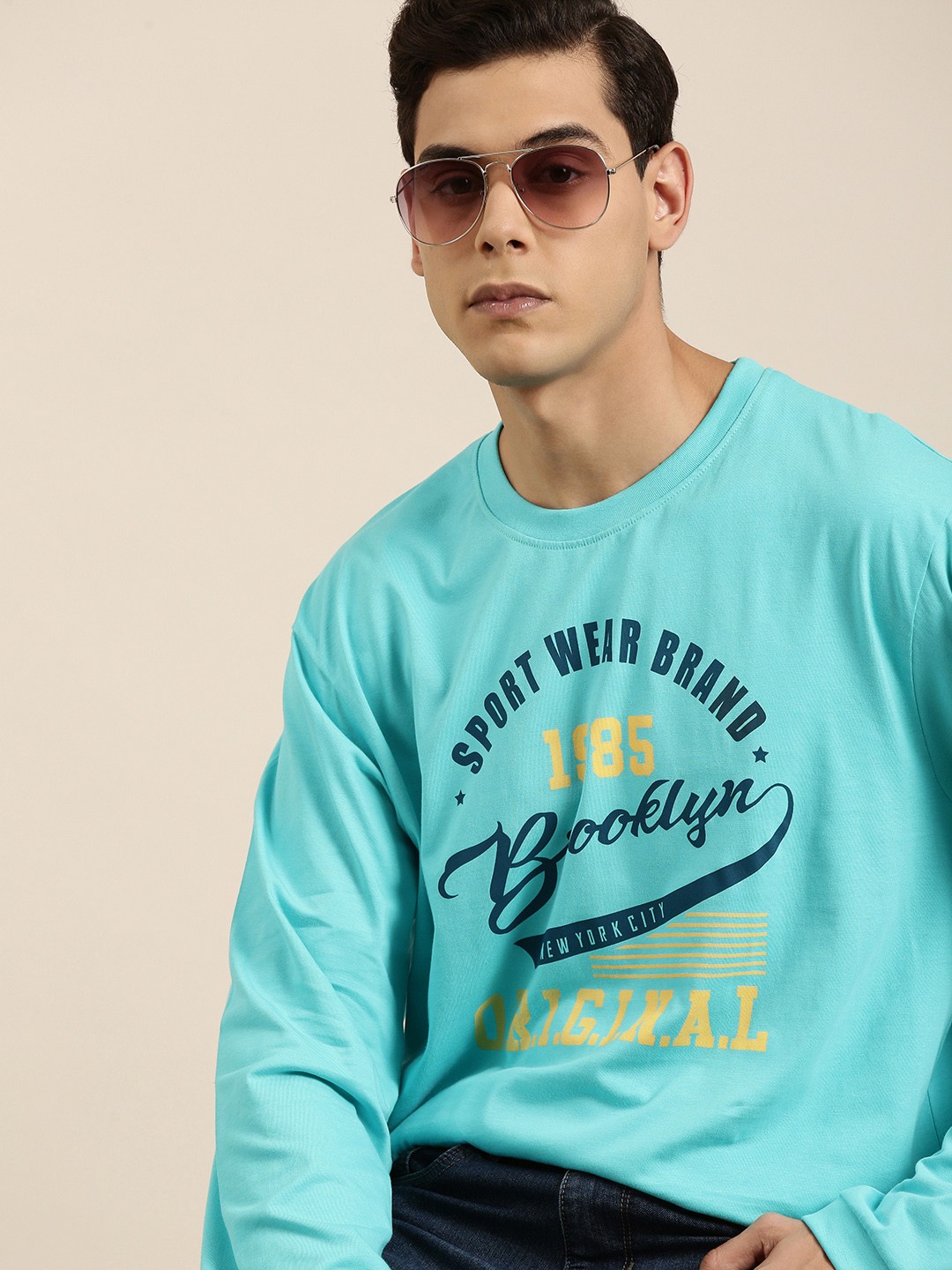 

DILLINGER Men Turquoise Blue Typography Printed Pure Cotton Oversized T-shirt