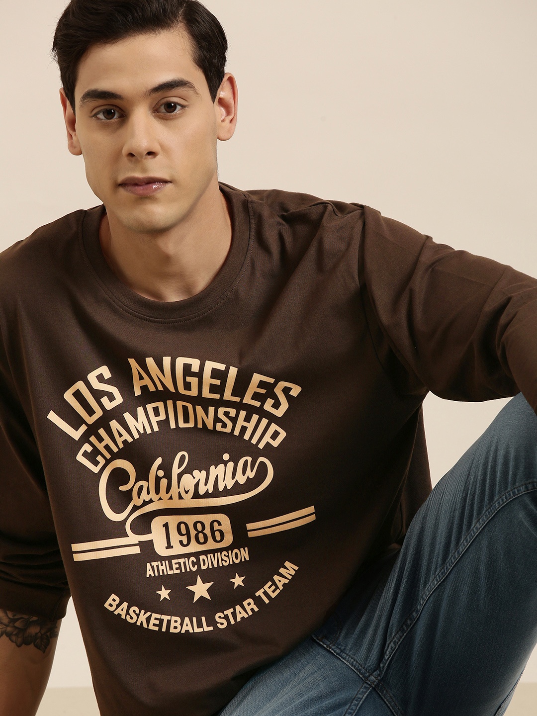 

DILLINGER Men Brown Typography Printed Pure Cotton Oversized T-shirt