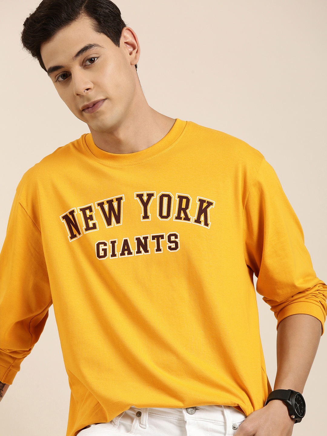 

DILLINGER Men Mustard Yellow Typography Printed Pure Cotton Oversized T-shirt