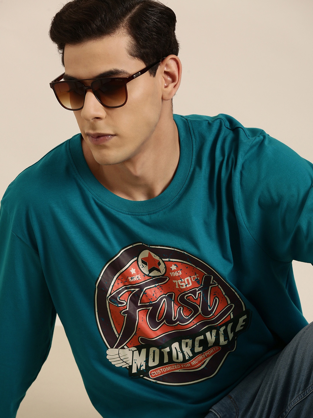 

DILLINGER Men Teal Typography Printed Pure Cotton Oversized T-shirt