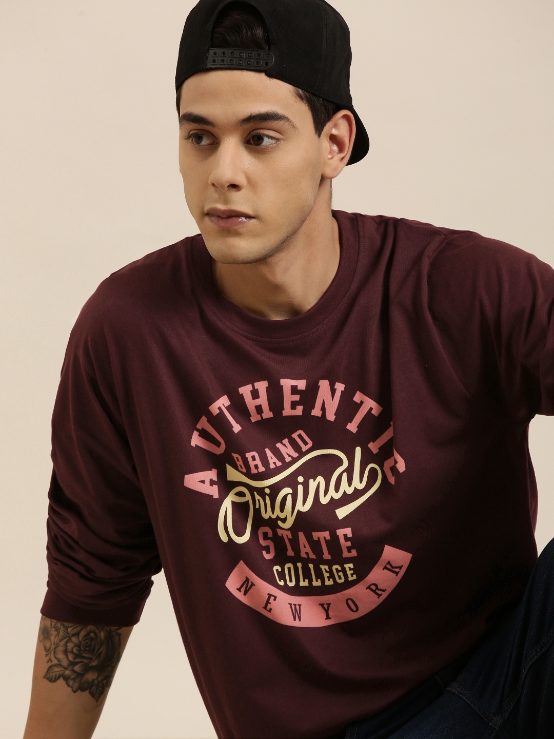 

DILLINGER Men Maroon Typography Printed Pure Cotton Oversized T-shirt