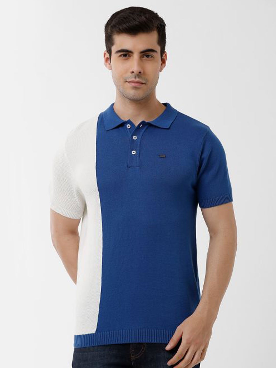 

IDENTITI Men Blue & White Colourblocked Polo Collar Pure Cotton Slim Fit T-shirt