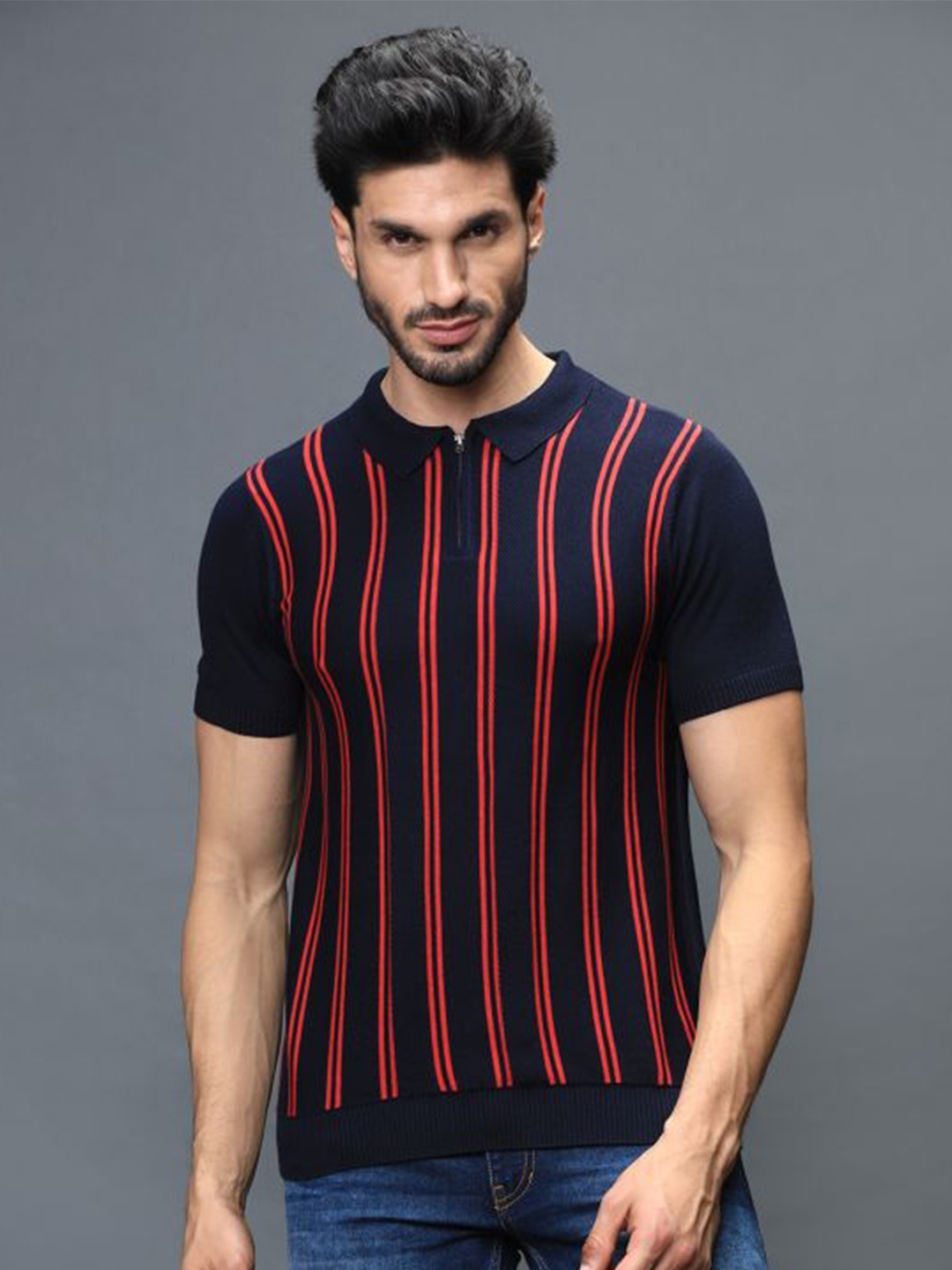 

IDENTITI Men Navy Blue & Red Striped Mandarin Collar Pure Cotton Slim Fit T-shirt