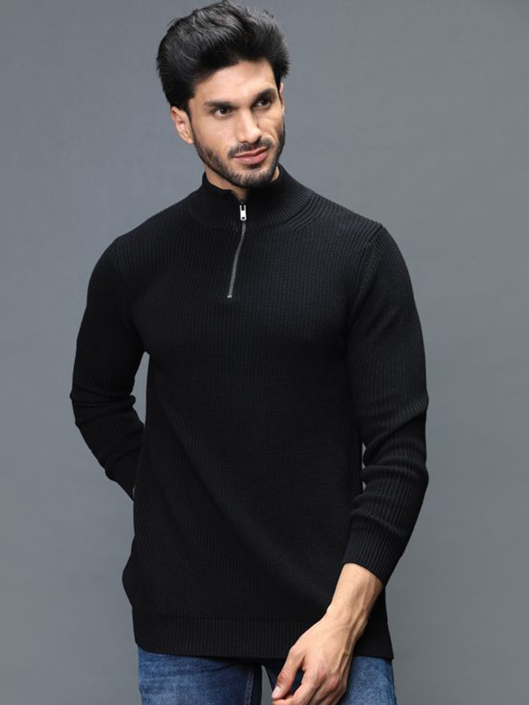 

IDENTITI Men Black High Neck Pure Cotton Slim Fit T-shirt