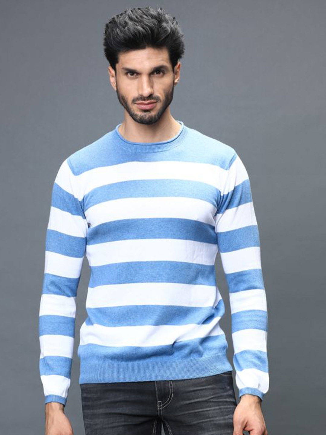 

IDENTITI Men Blue & White Striped Henley Neck Pure Cotton Slim Fit T-shirt