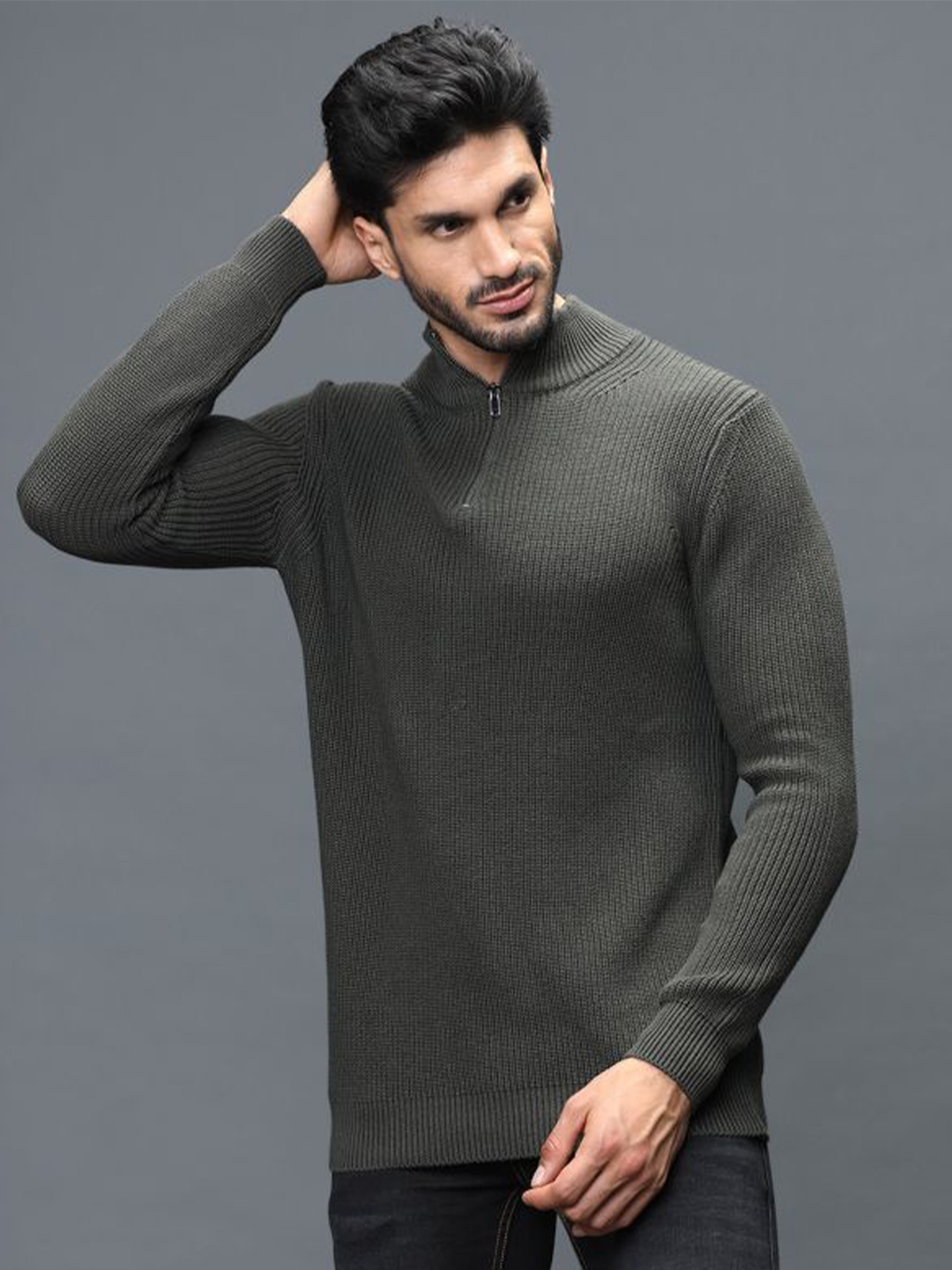 

IDENTITI Men Olive Green High Neck Pure Cotton Slim Fit T-shirt