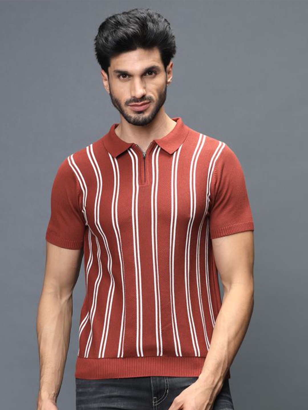 

IDENTITI Men Rust Striped Polo Collar Pure Cotton Slim Fit T-shirt