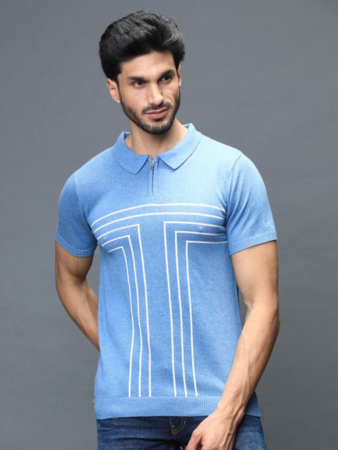 

IDENTITI Men Blue Printed Polo Collar Pure Cotton Slim Fit T-shirt