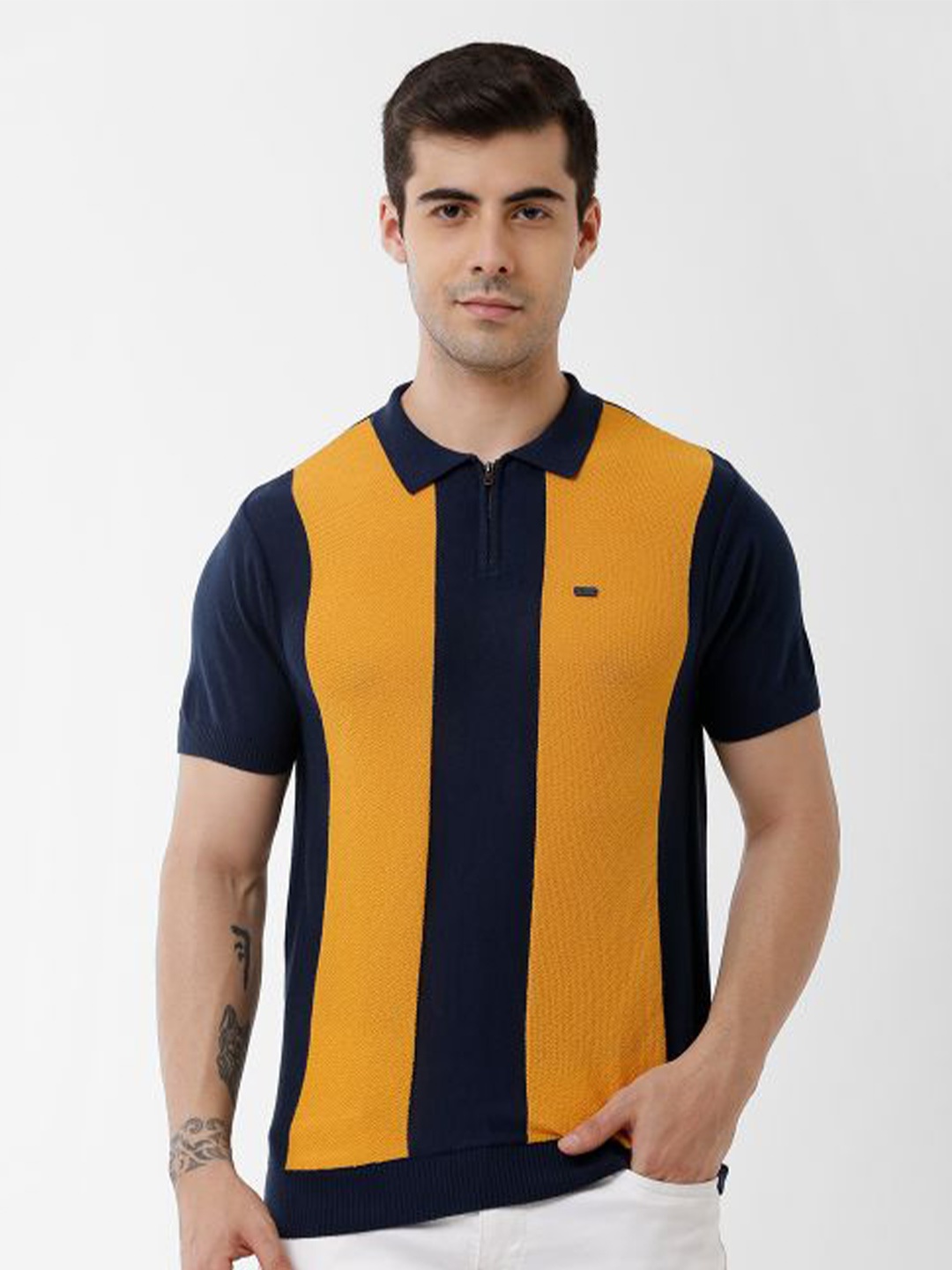 

IDENTITI Men Mustard Yellow Colourblocked Polo Collar Pure Cotton Slim Fit T-shirt