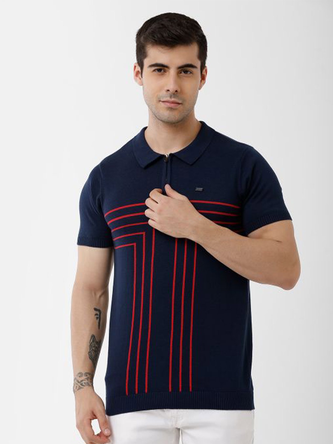 

IDENTITI Men Navy Blue Striped Polo Collar Pure Cotton Slim Fit T-shirt