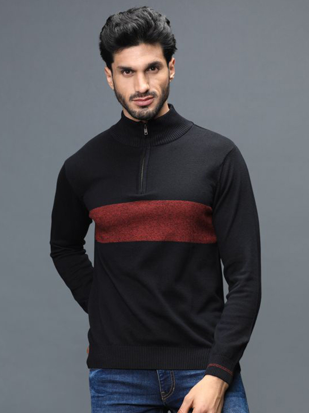 

IDENTITI Men Black Colourblocked High Neck Pure Cotton Slim Fit T-shirt