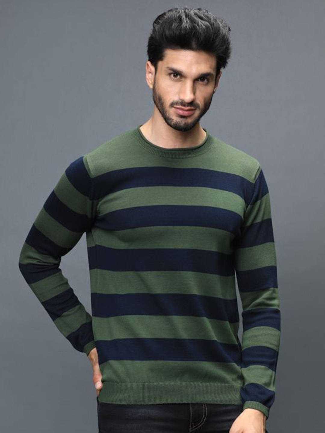 

IDENTITI Men Green Striped Pure Cotton Slim Fit T-shirt