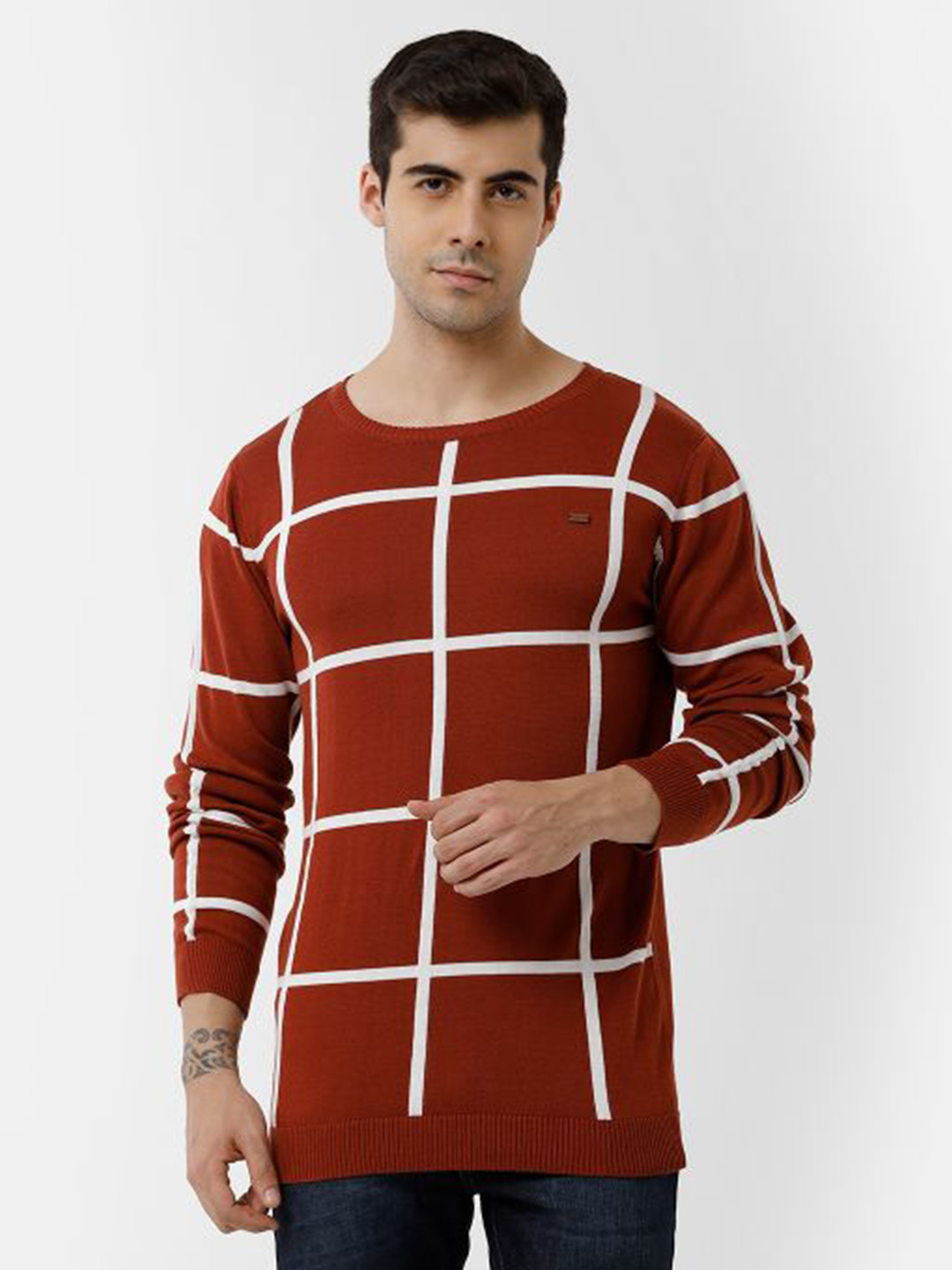 

IDENTITI Men Rust Checked Pure Cotton Raw Edge Slim Fit T-shirt
