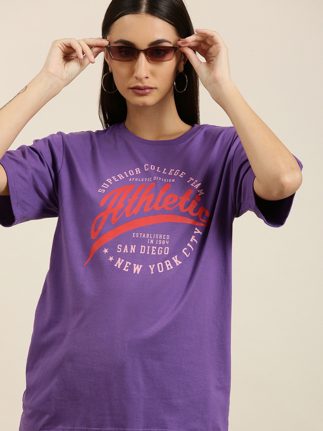 

DILLINGER Women Purple Typography Printed Pure Cotton Oversized T-shirt