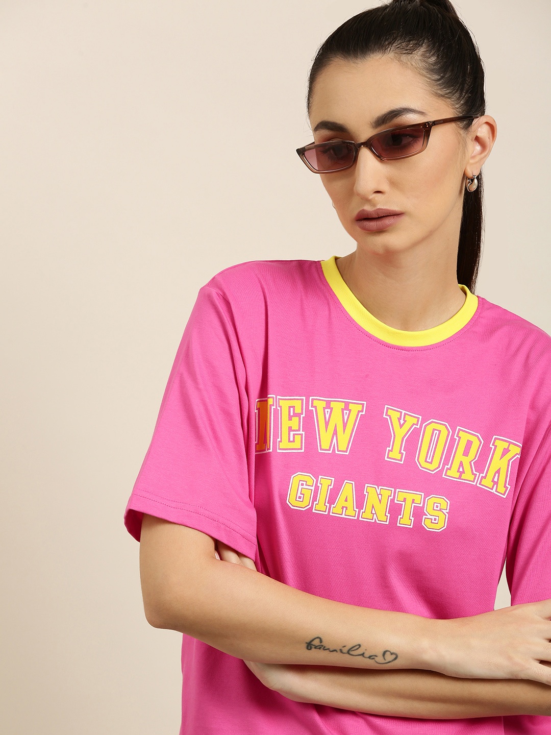

DILLINGER Women Pink Printed Pure Cotton Oversized T-shirt