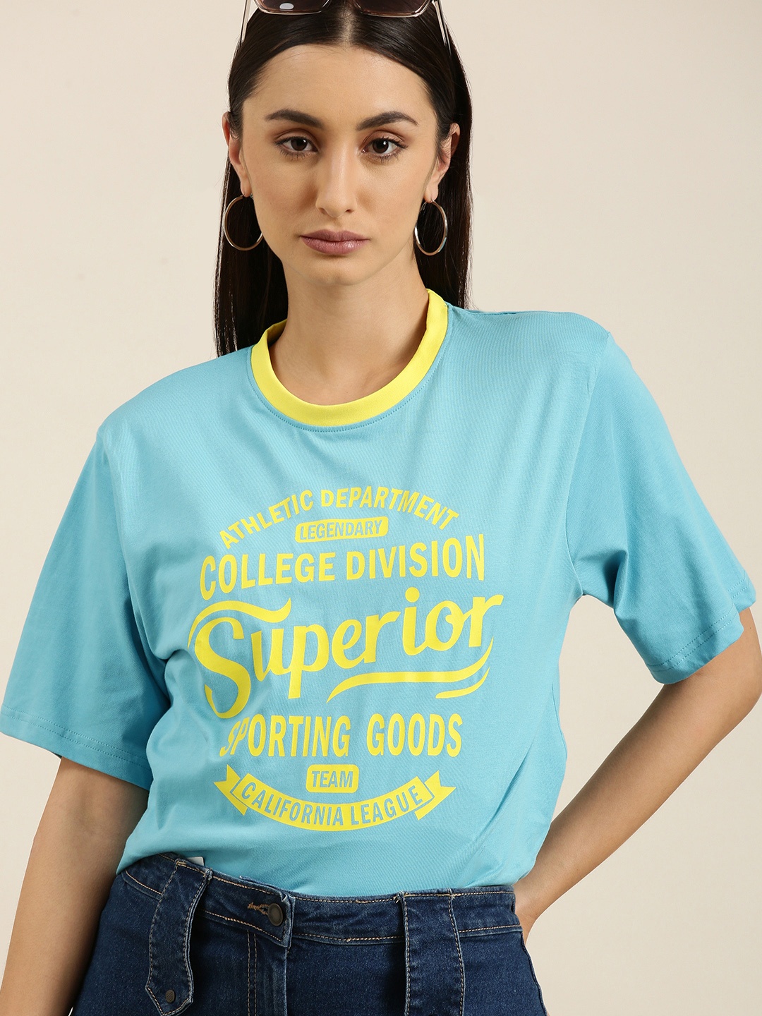 

DILLINGER Women Turquoise Blue Typography Printed Pure Cotton Oversized T-shirt