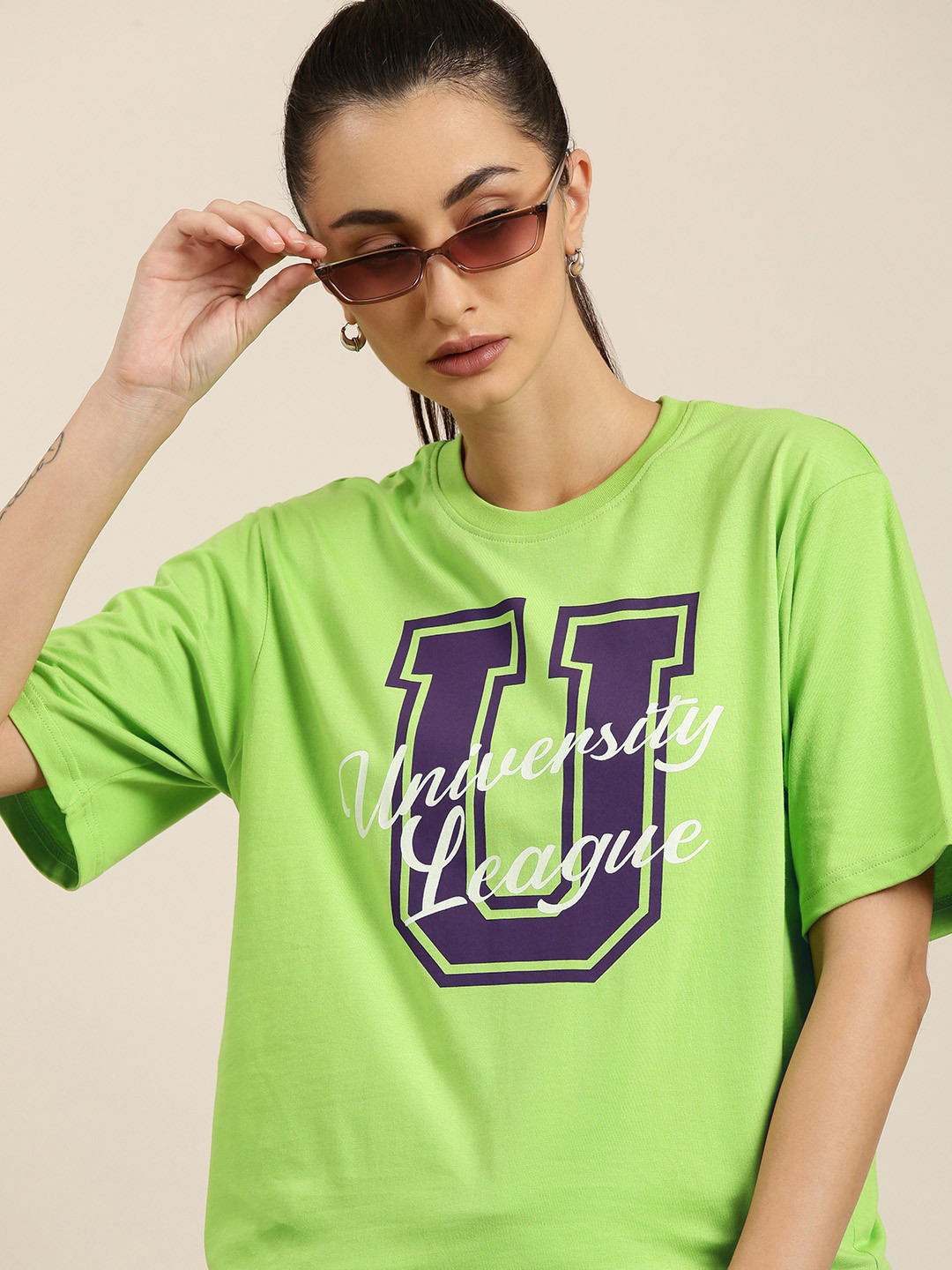 

DILLINGER Women Green Typography Printed Pure Cotton Oversized T-shirt