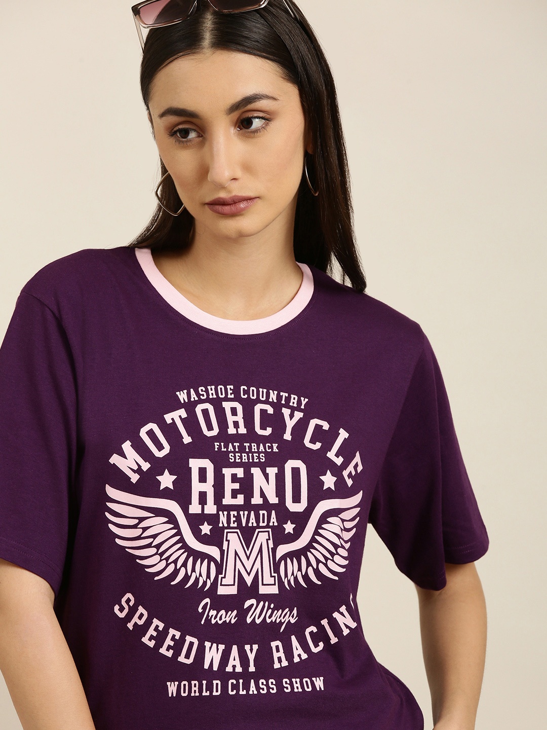 

DILLINGER Women Purple Typography Printed Pure Cotton Oversized T-shirt