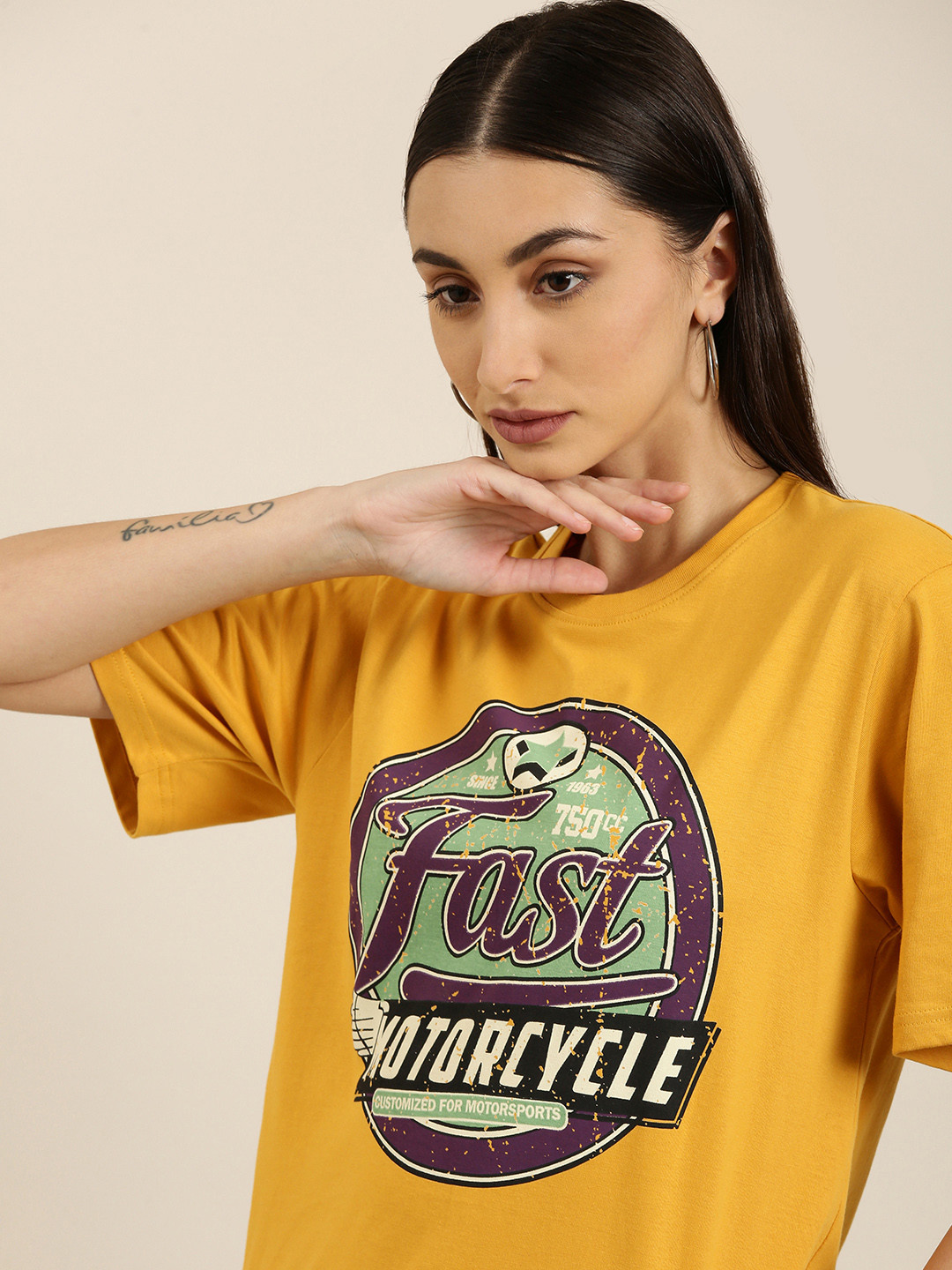 

DILLINGER Women Mustard Yellow Typography Printed Pure Cotton Oversized T-shirt