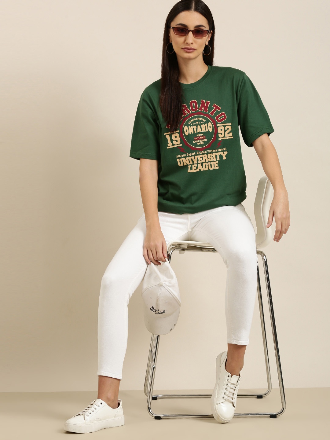 

DILLINGER Women Green Printed Pure Cotton Oversized T-shirt