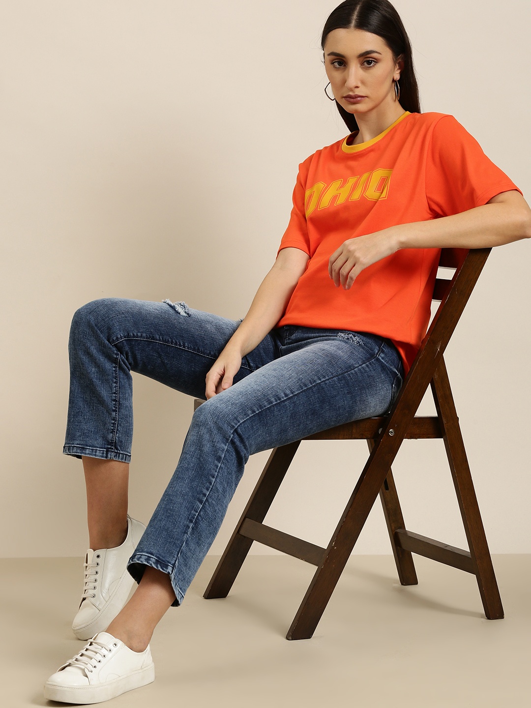 

DILLINGER Women Orange Printed Pure Cotton Oversized T-shirt