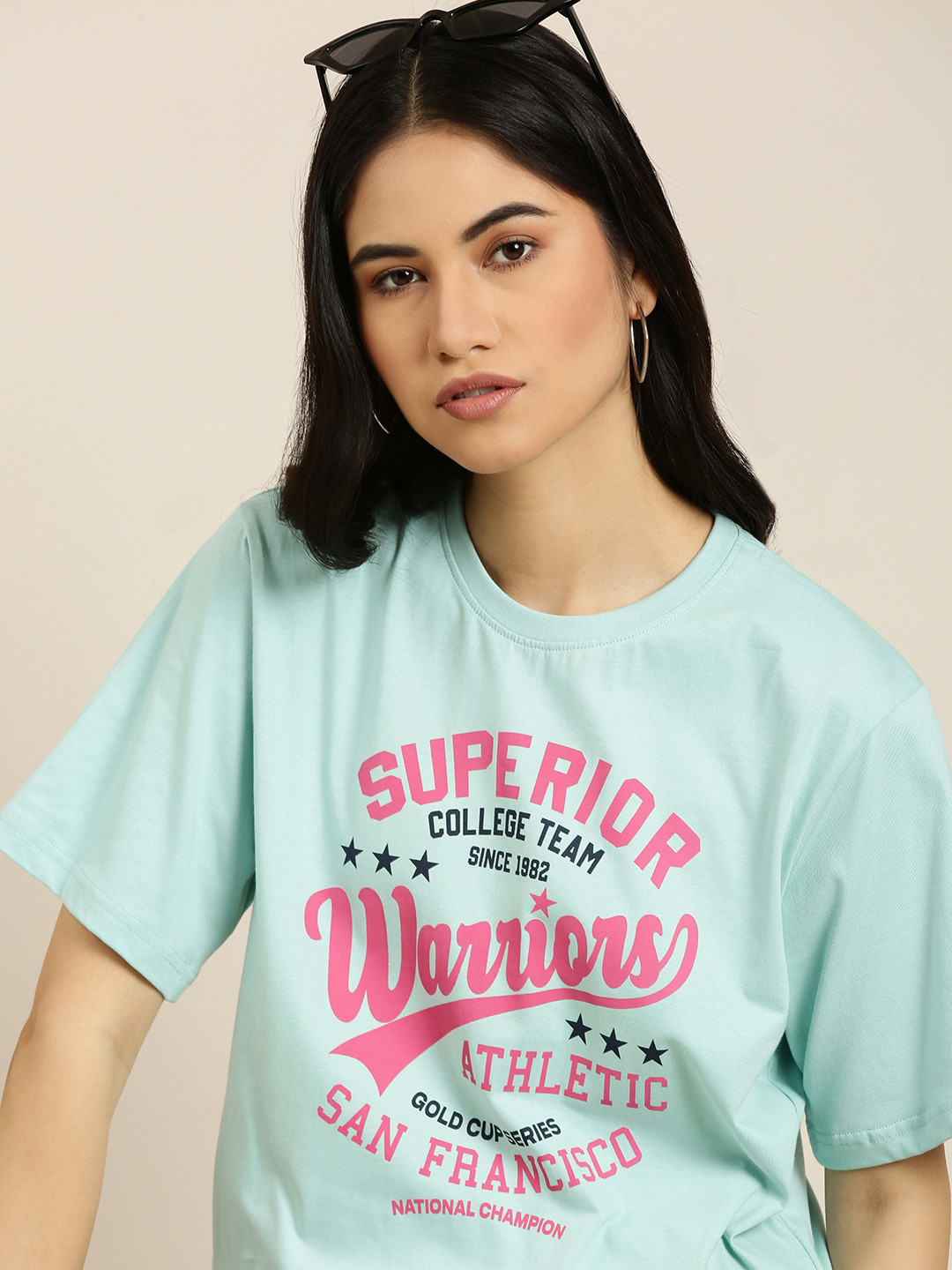 

DILLINGER Women Green & Pink Printed Pure Cotton Oversized T-shirt