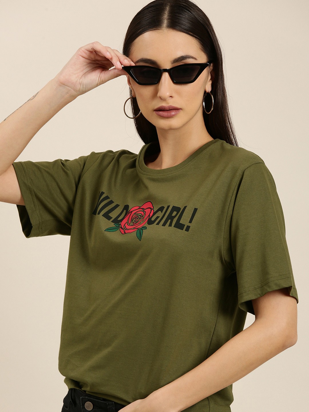 

DILLINGER Women Olive Green Typography Printed Pure Cotton Oversized T-shirt