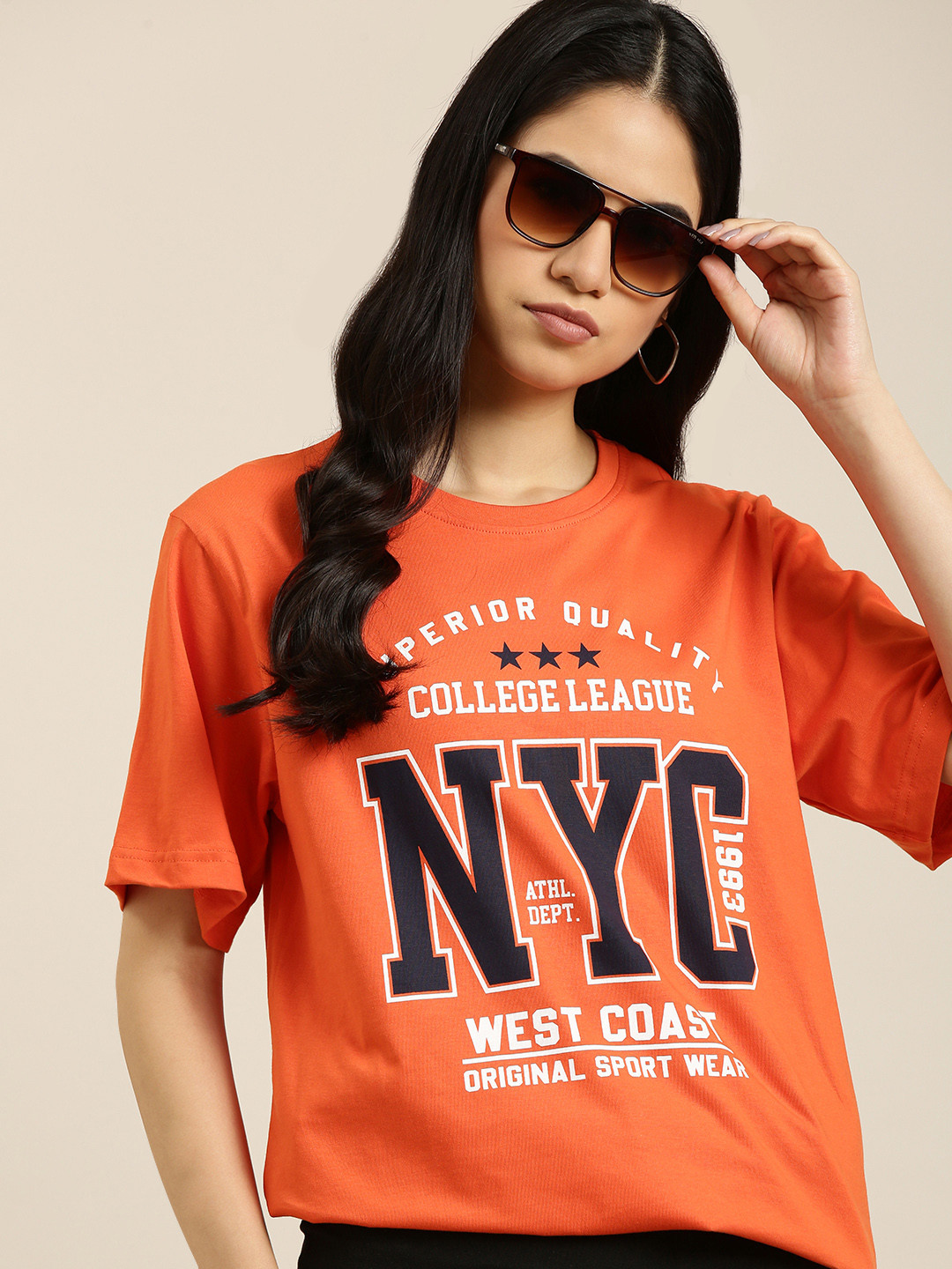 

DILLINGER Women Orange & Black Pure Cotton Printed Oversized T-shirt