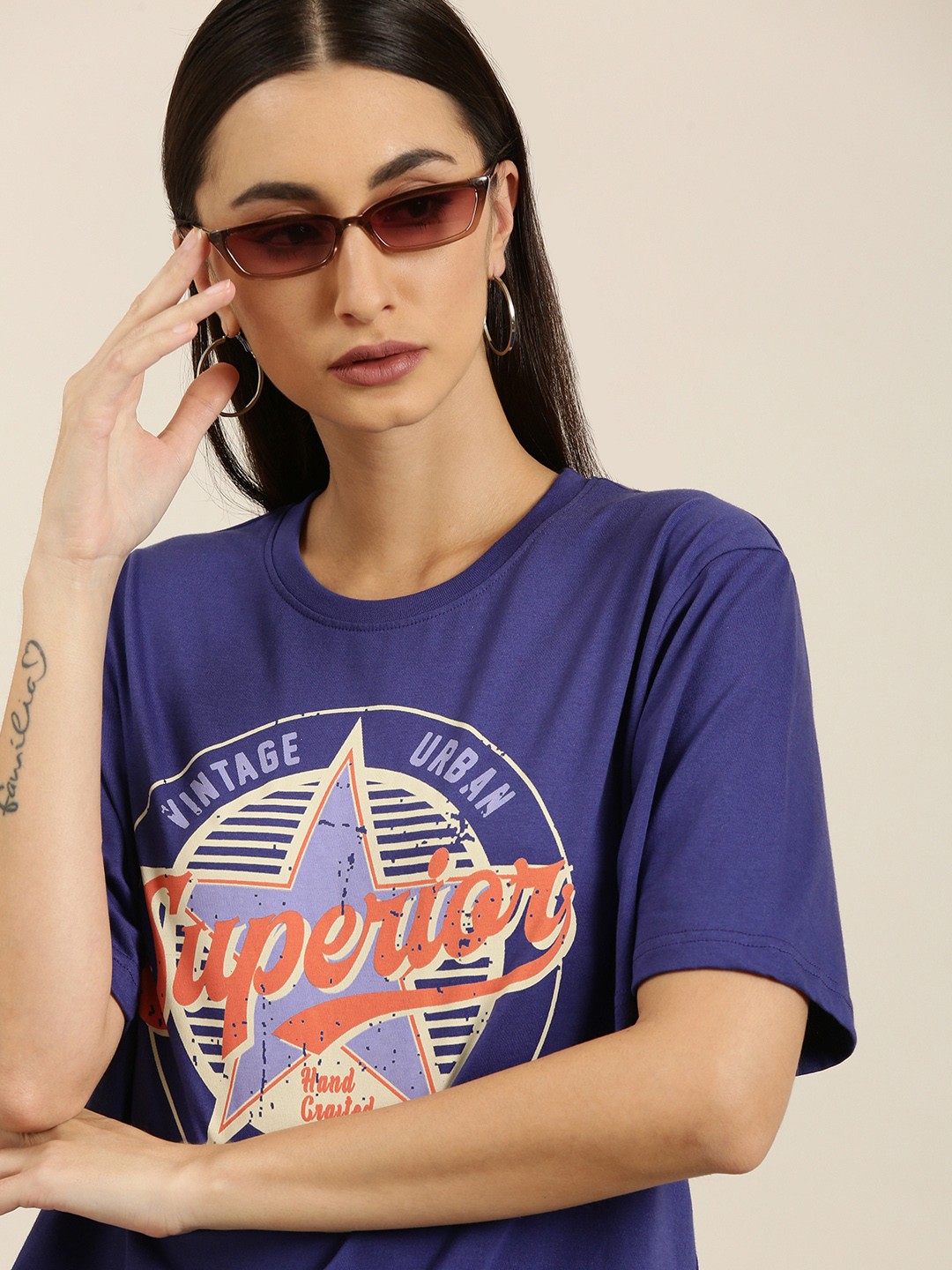 

DILLINGER Women Blue Typography Printed Pure Cotton Oversized T-shirt