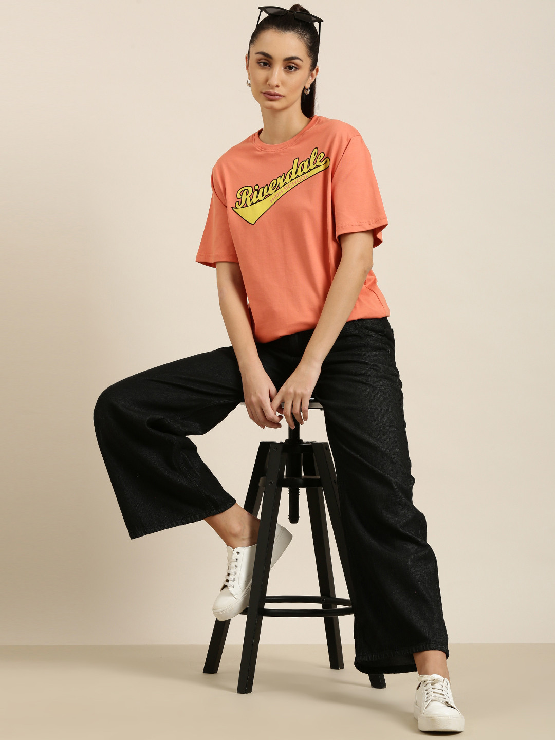 

DILLINGER Women Coral Pink Typography Printed Pure Cotton Oversized T-shirt