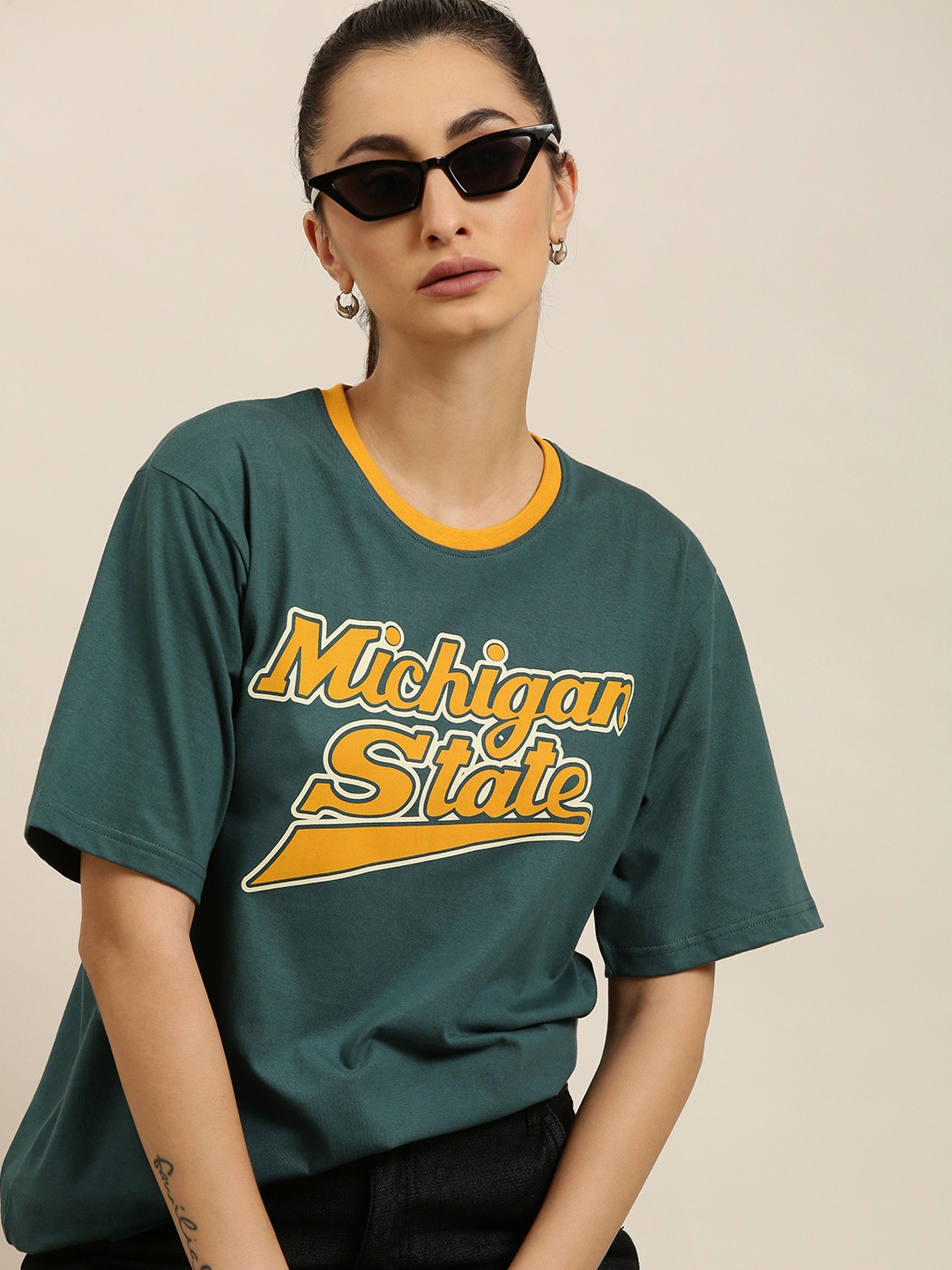 

DILLINGER Women Teal Green Printed Pure Cotton Oversized T-shirt