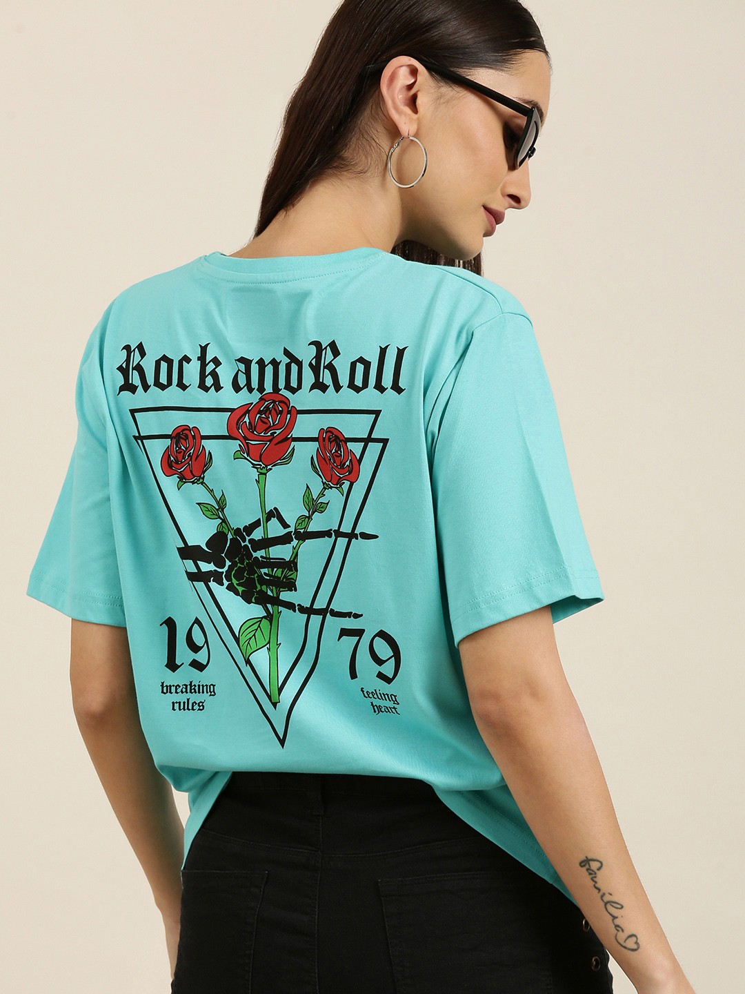 

DILLINGER Women Turquoise Blue Typography Printed Pure Cotton Oversized T-shirt